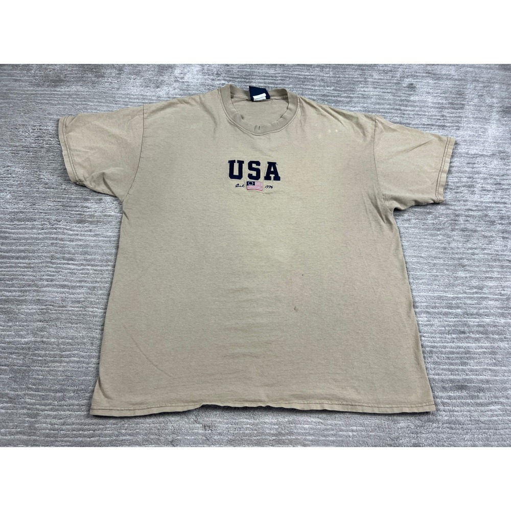 Old Varsity Brand T-Shirt Mens XL Tan USA 1776 Embroidered Patriotic Short Slv